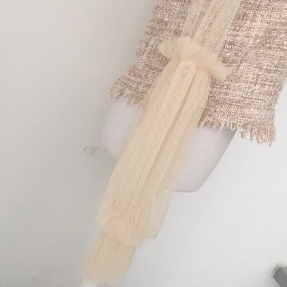 Pink, peach, cream tweed lace sleeve top - Picture 4 of 6